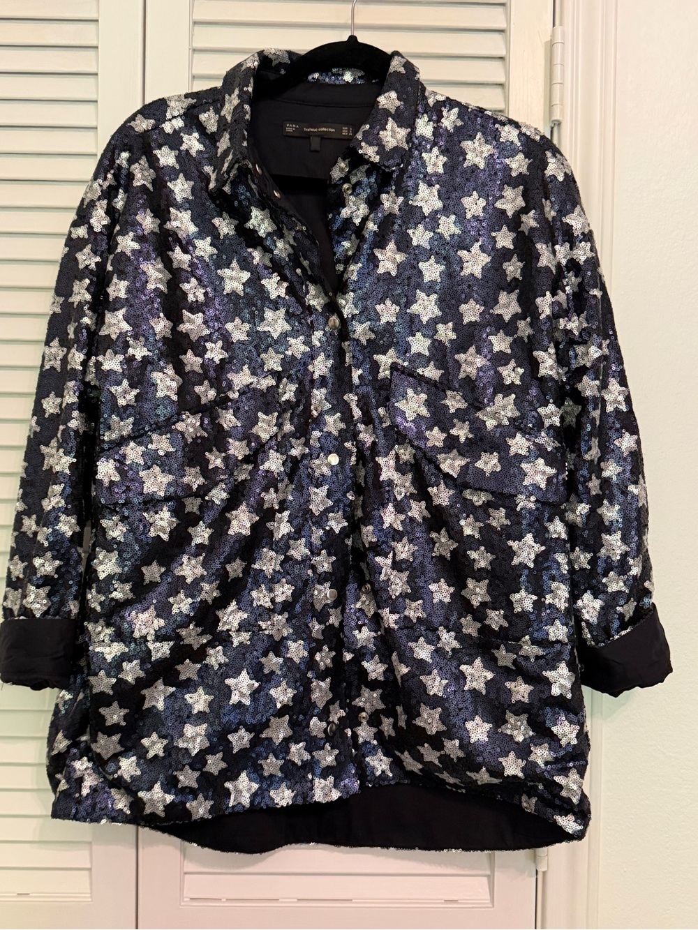 Zara Trafaluc Collection Sequin Star-Print Shirt Jacket - Navy/Silver size small